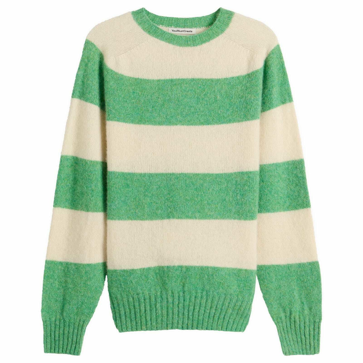 YMC Men's Suedehead Stripe Crew Neck Jumper in Green/Off White