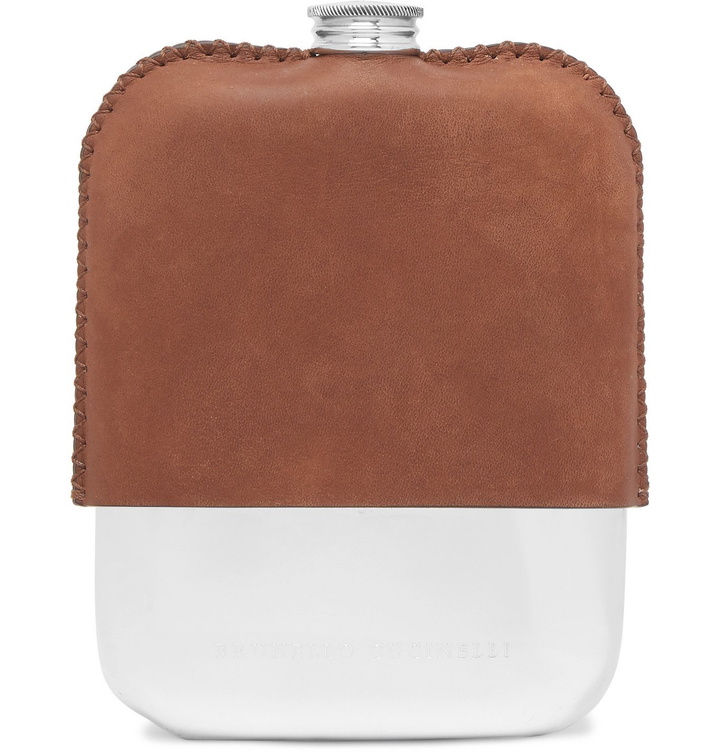 Photo: Brunello Cucinelli - Nubuck and Silver-Tone Hip Flask - Brown