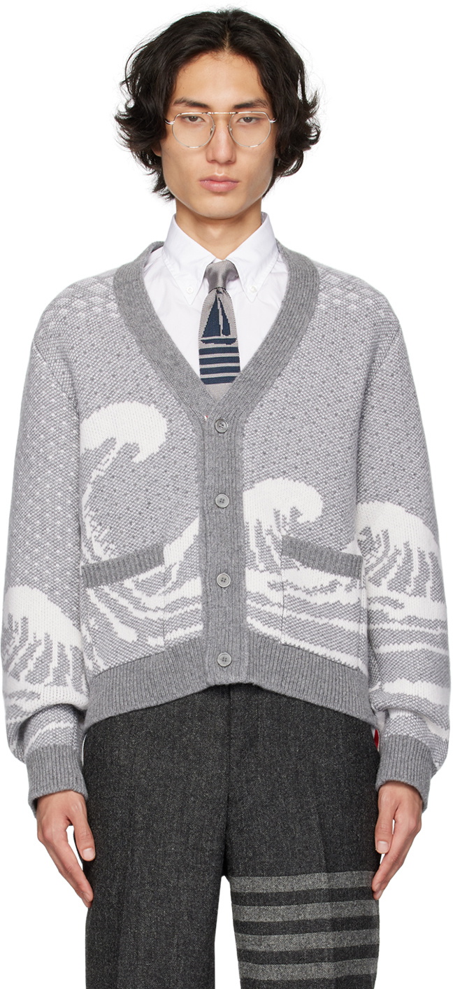 Thom Browne Gray Wave Fair Isle Cardigan Thom Browne