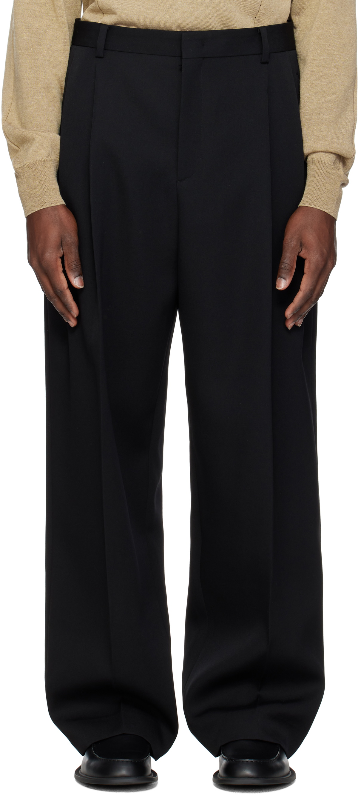 RECTO Black Double Pleated Wide Trousers