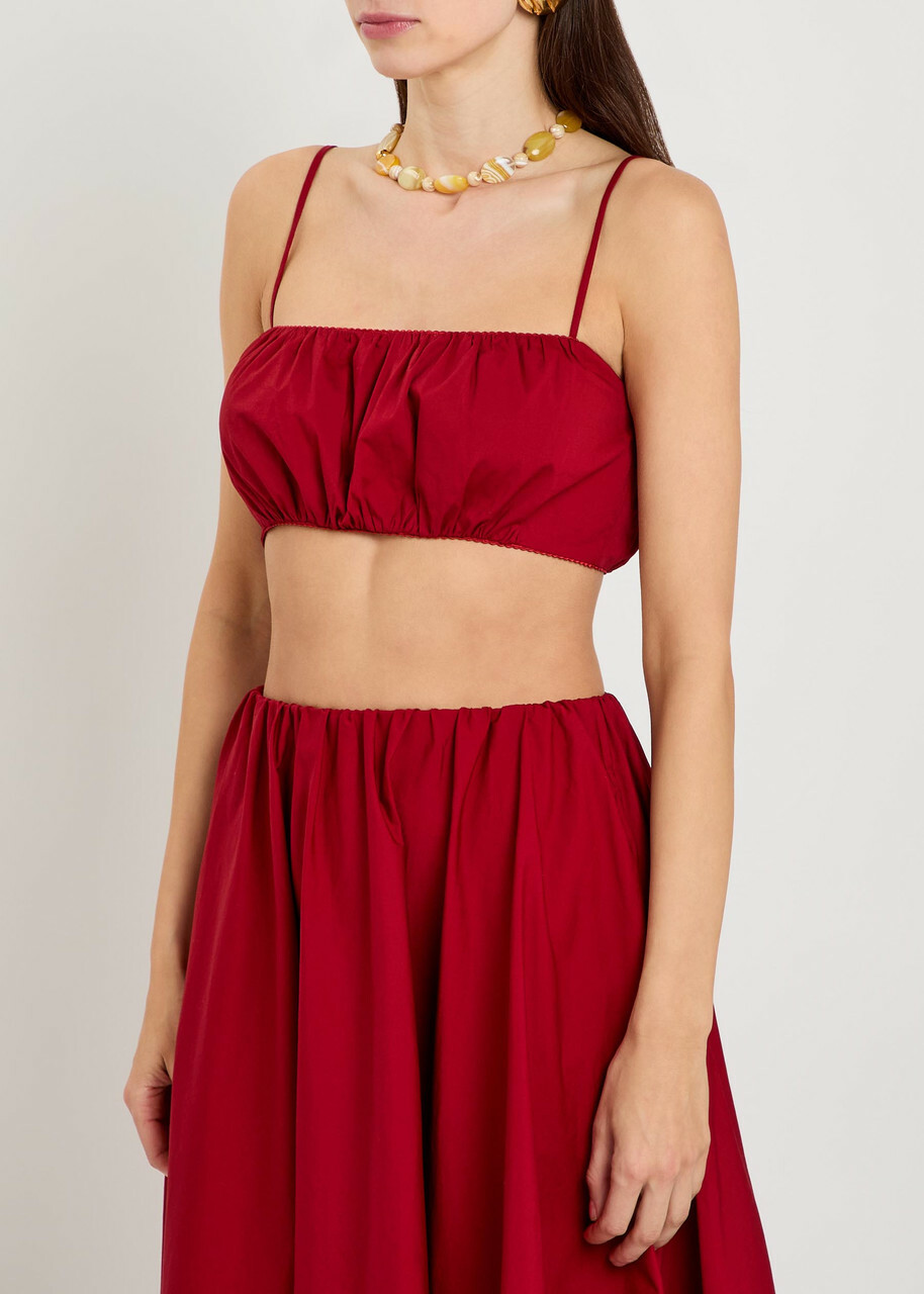 Staud Fiore Gathered Stretch-cotton Poplin Crop top Red