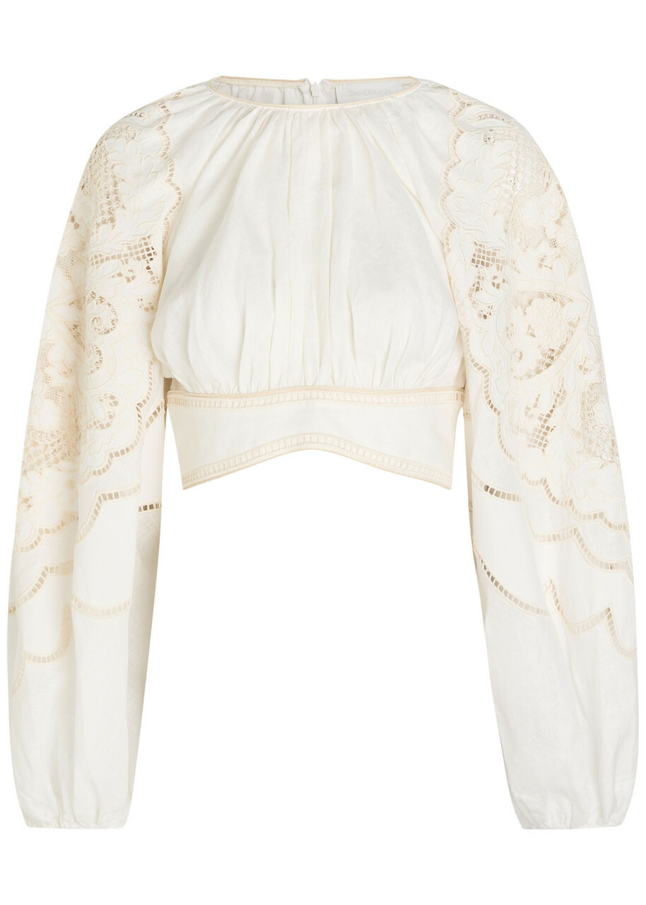Zimmermann Daylight Guipure-lace Cropped Linen top Cream