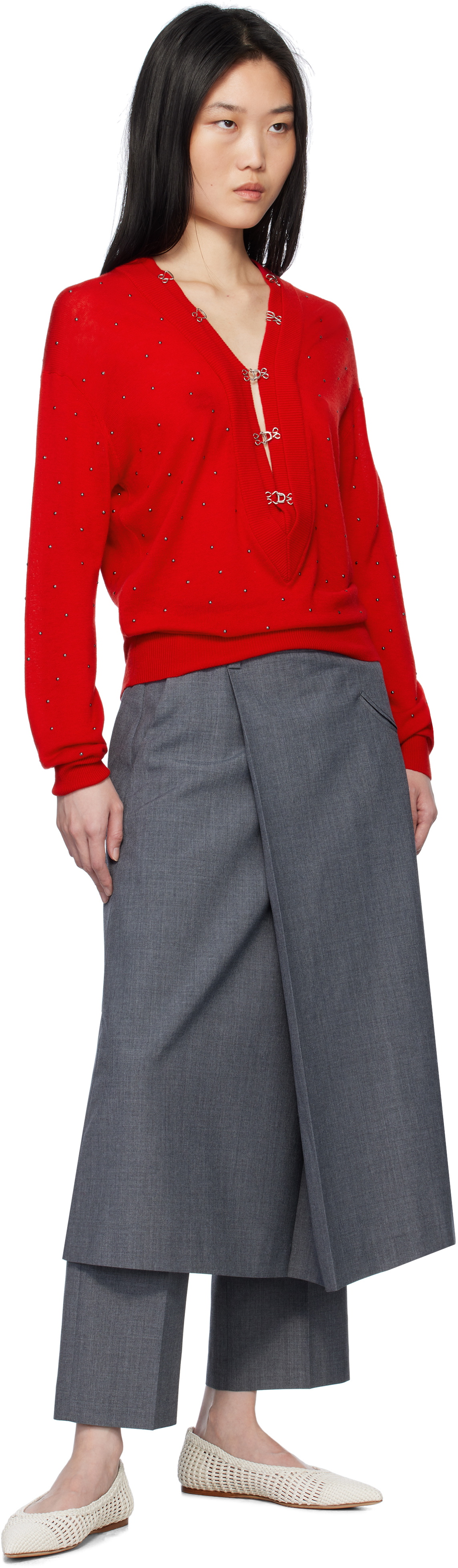 AO Yes Red V-Neck Cabochon Sweater