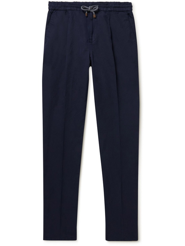 Photo: Brunello Cucinelli - Leisure Tapered Linen and Cotton-Blend Drawstring Trousers - Blue