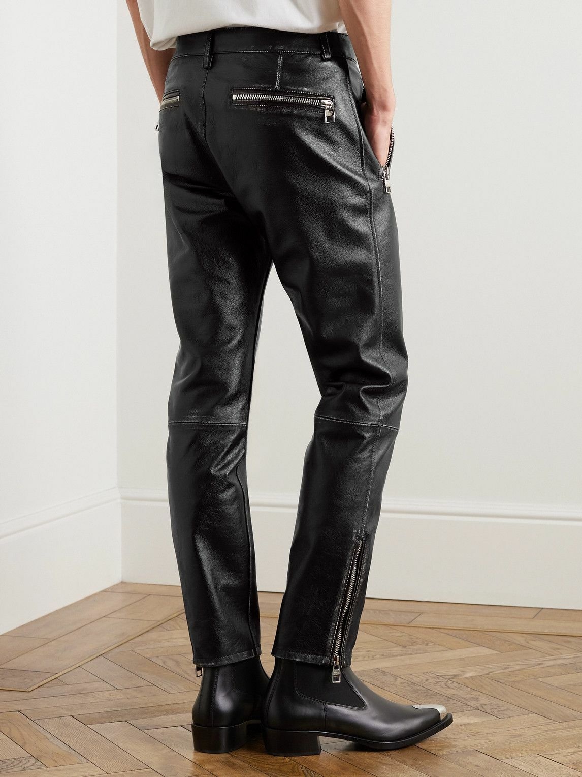 Alexander McQueen - Slim-Fit Zip-Detailed Leather Trousers - Black  Alexander McQueen