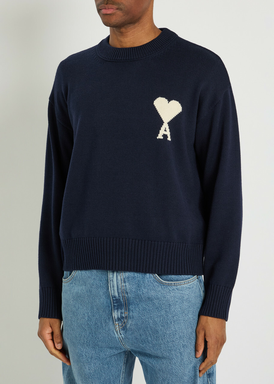 Ami Paris Logo-intarsia Wool and Cotton-blend Jumper Navy