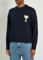 Ami Paris Logo-intarsia Wool and Cotton-blend Jumper Navy