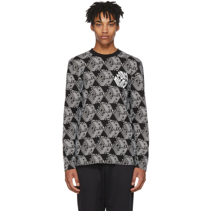 Photo: McQ Alexander McQueen Black and White Long Sleeve All Over McQ Cube T-Shirt
