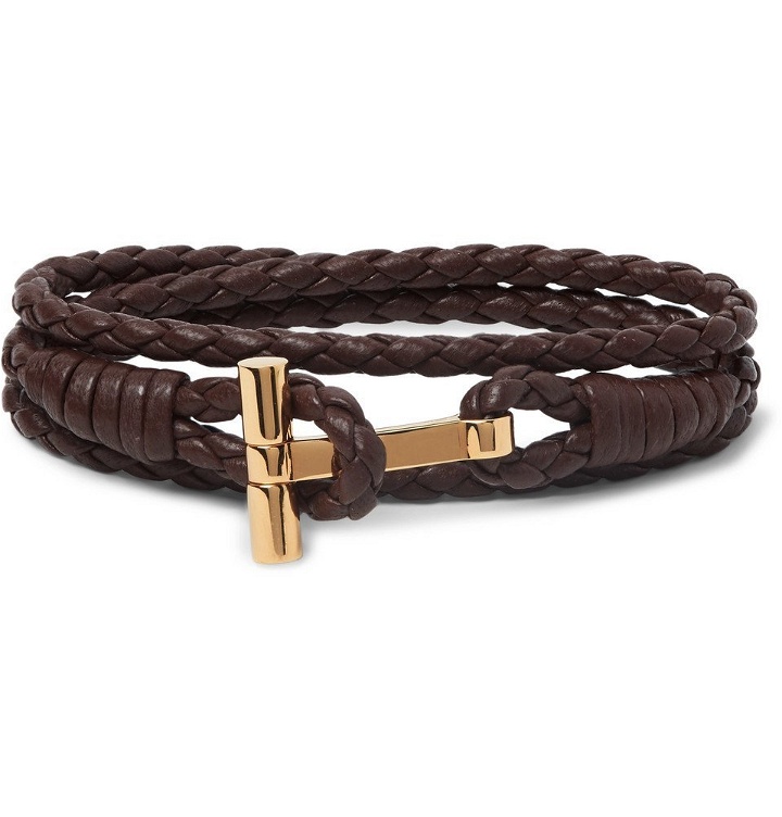 Photo: TOM FORD - Woven Leather and Gold-Tone Wrap Bracelet - Men - Chocolate
