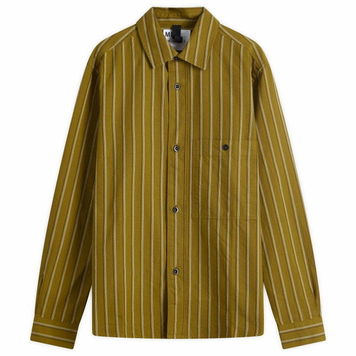 Photo: MHL by Margaret Howell Men's Overall Stripe Shirt in Light Olive/Off White
