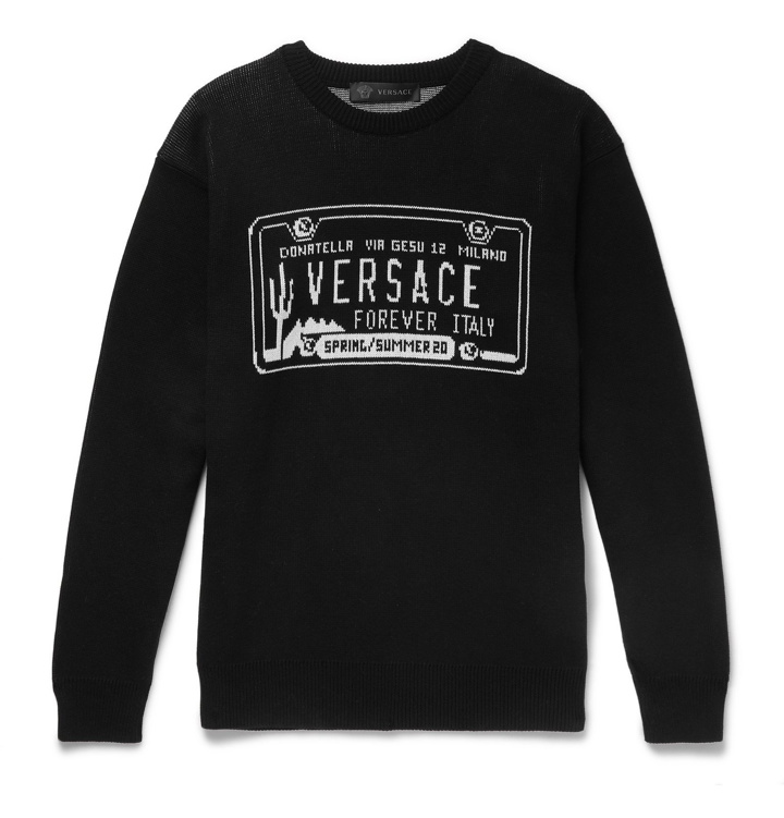 Photo: Versace - Slim-Fit Logo-Intarsia Cotton Sweater - Black
