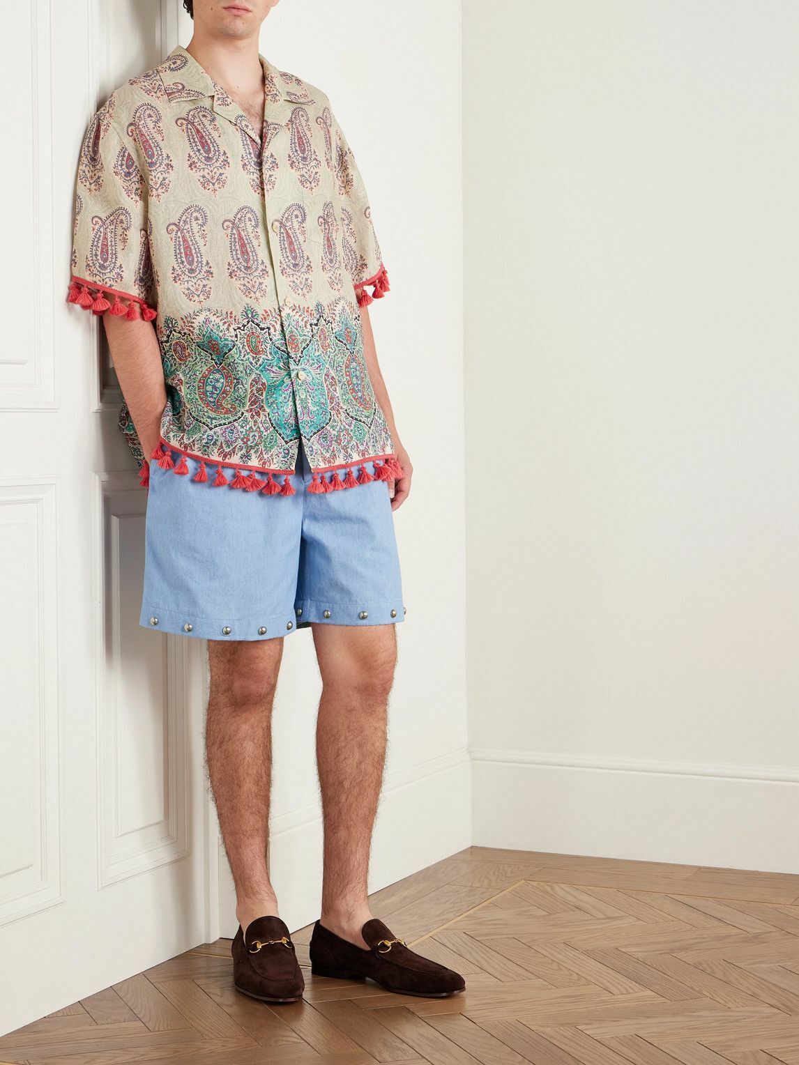 Valentino Garavani - Straight-Leg Studded Cotton-Chambray Shorts - Blue