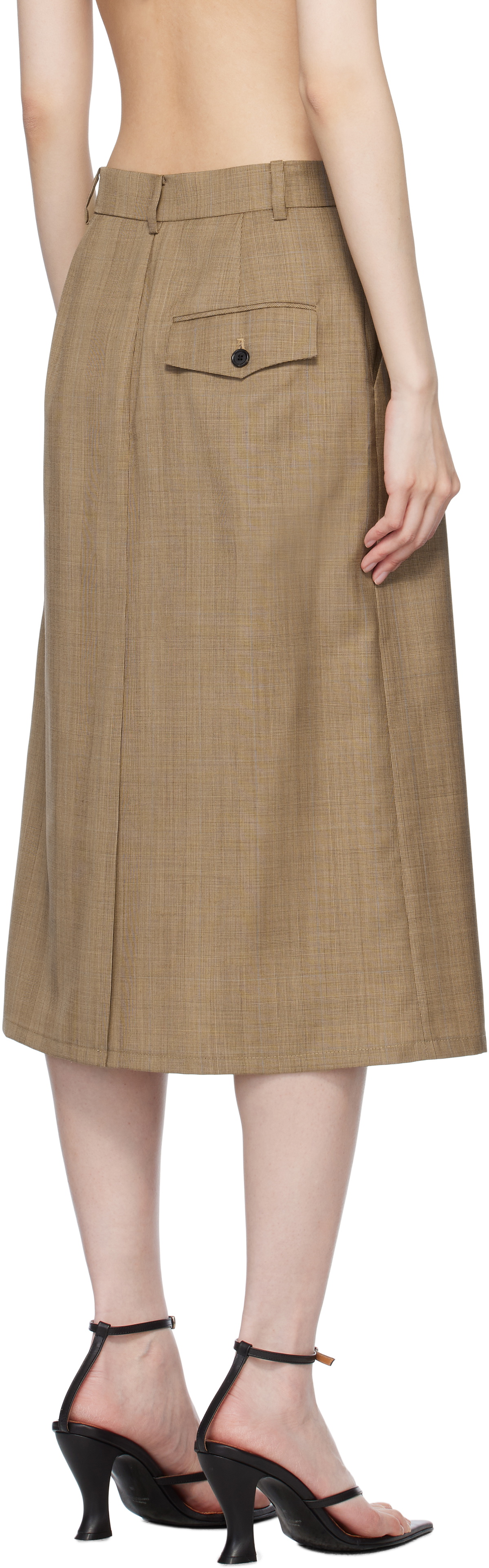 Pushbutton Beige Side Folded H Line Midi Skirt