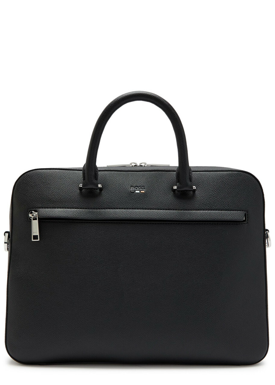 Boss Logo Grained Leather Briefcase - Black - One Size