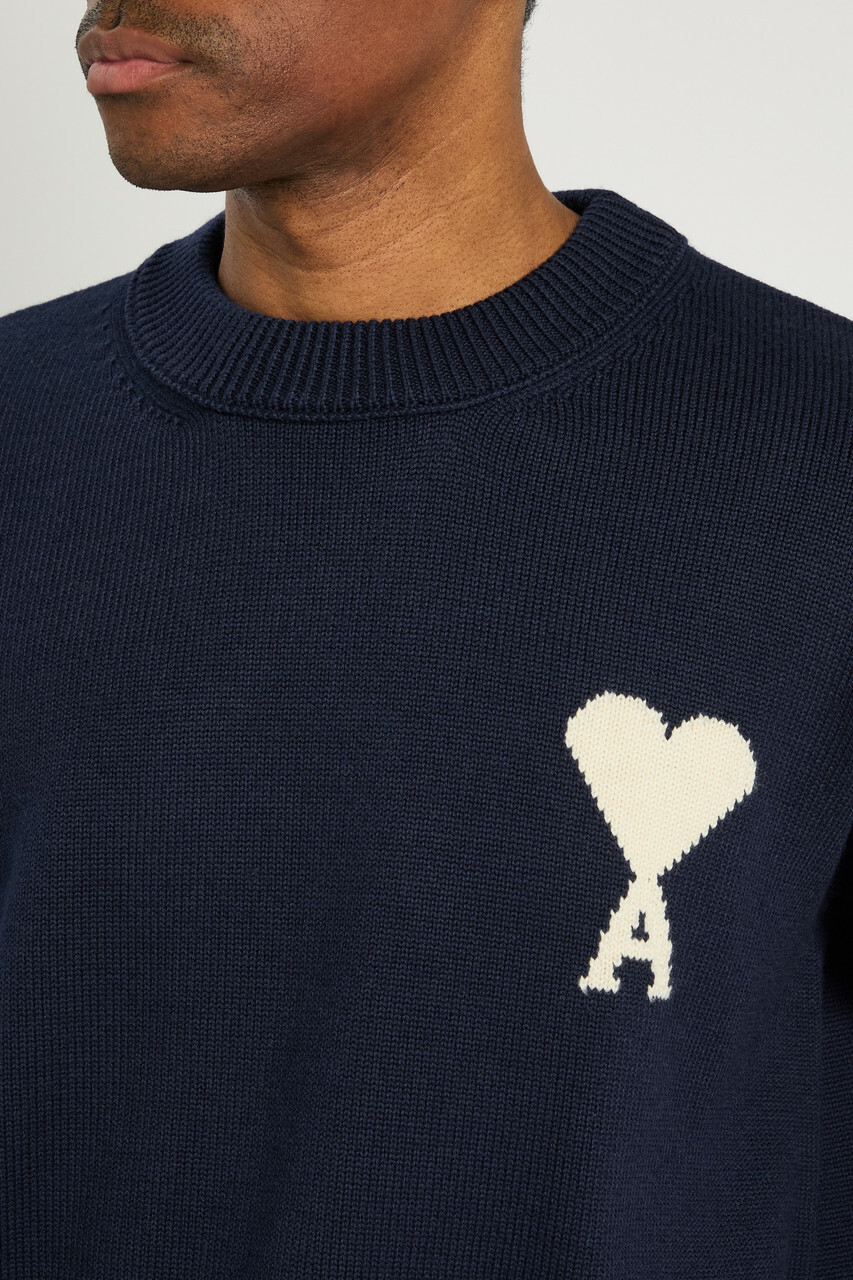 Ami Paris Logo-intarsia Wool and Cotton-blend Jumper Navy