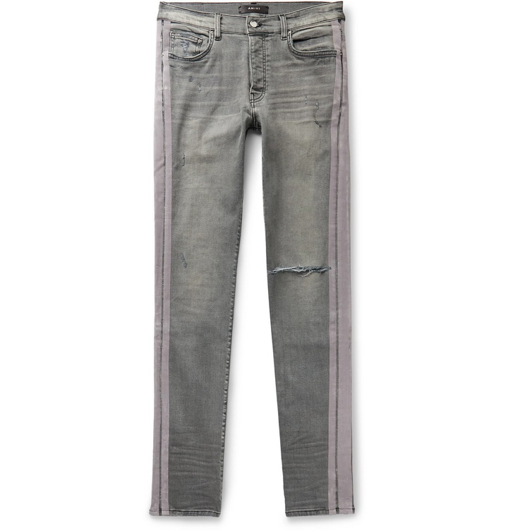 Photo: AMIRI - Skinny-Fit Velvet-Trimmed Distressed Stretch-Denim Jeans - Gray