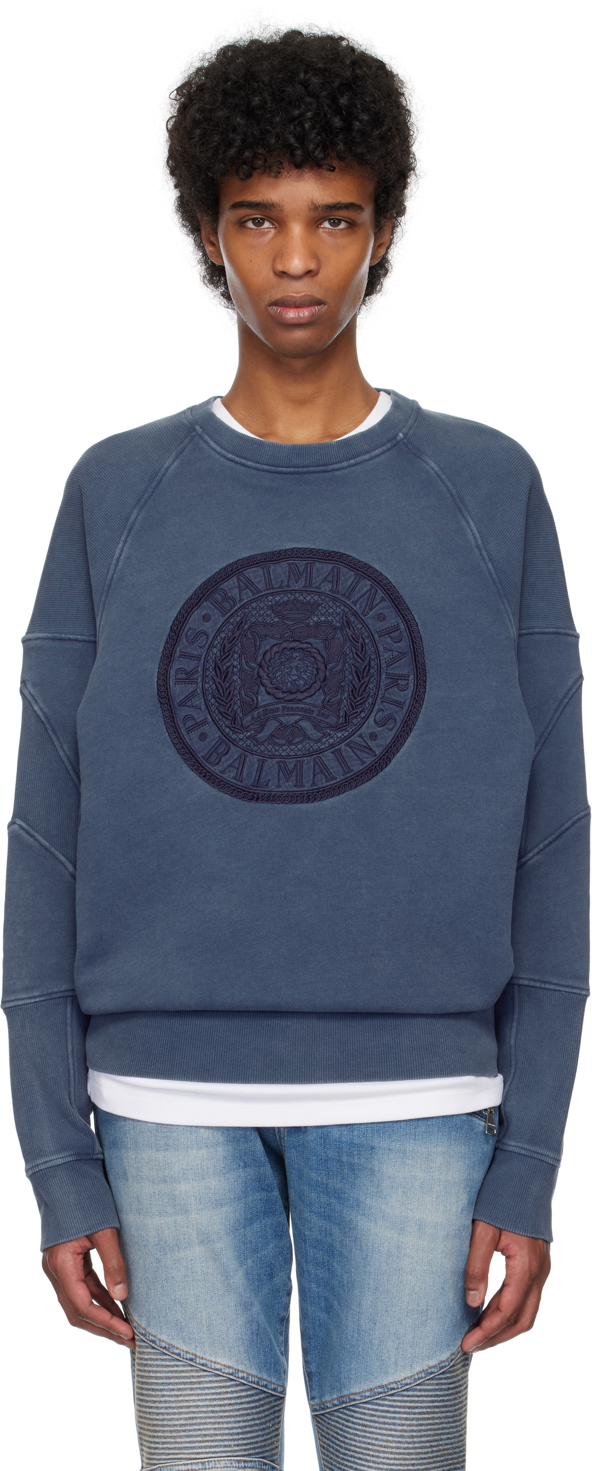 Balmain Navy Ribbed Coin Embroidery Sweatshirt