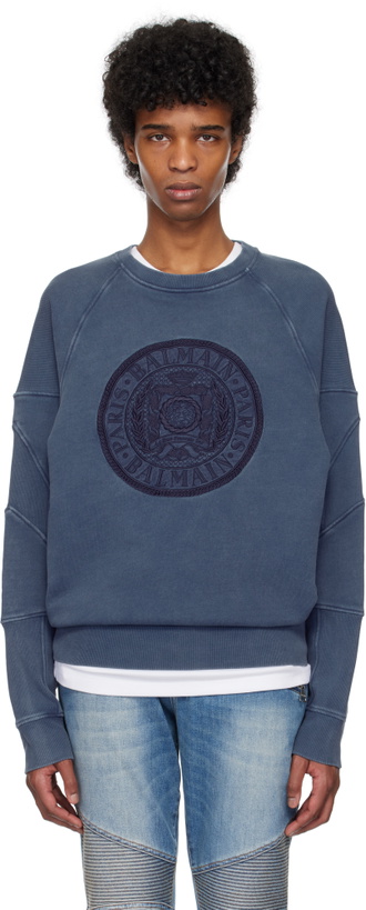 Photo: Balmain Navy Ribbed Coin Embroidery Sweatshirt
