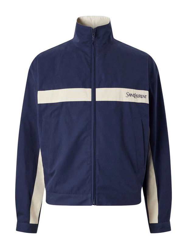 Photo: SAINT LAURENT - Panelled Logo-Embroidered Cassandre-Embellished Cotton Jacket - Blue