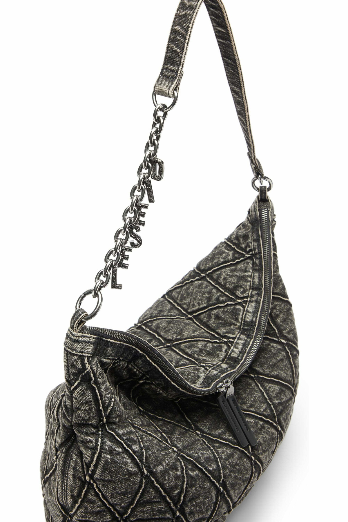 Diesel Charm-D - Hobo bag in acid-wash quilted denim - Shoulder Bags Womens in Grey