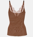 Saint Laurent Lace-trimmed ribbed-knit silk tank top