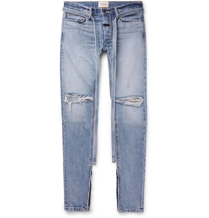 Photo: Fear of God - Slim-Fit Tapered Belted Distressed Selvedge Denim Jeans - Light blue