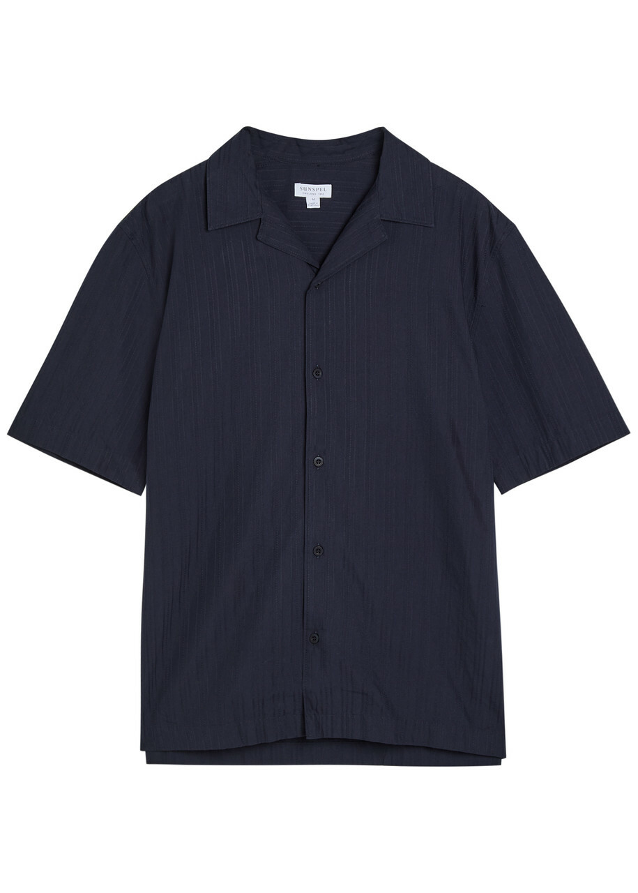 Sunspel Striped Embroidered Cotton Shirt Navy