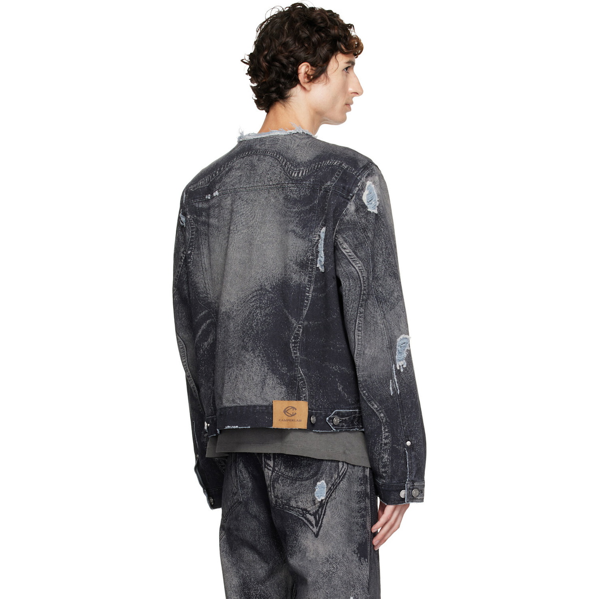 CAMPERLAB Black Distorted Print Distressed Denim Jacket