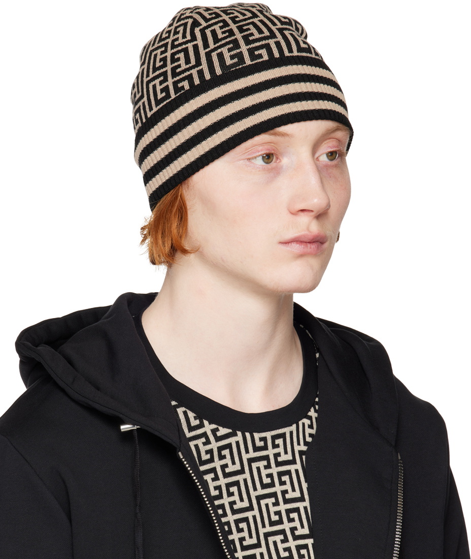 Balmain Black & Taupe Monogram Beanie