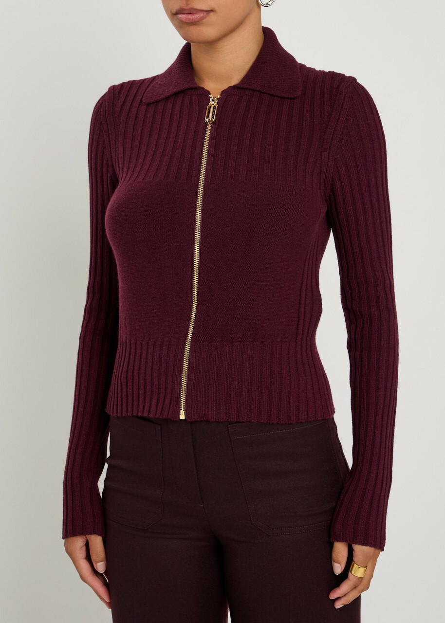 Victoria Beckham Ribbed Wool-blend Cardigan Bordeaux
