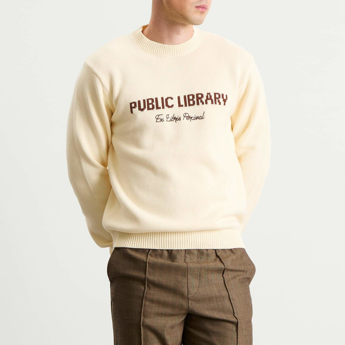 Percival Men's Public Library Knitted Crew Jumper in Ecru
