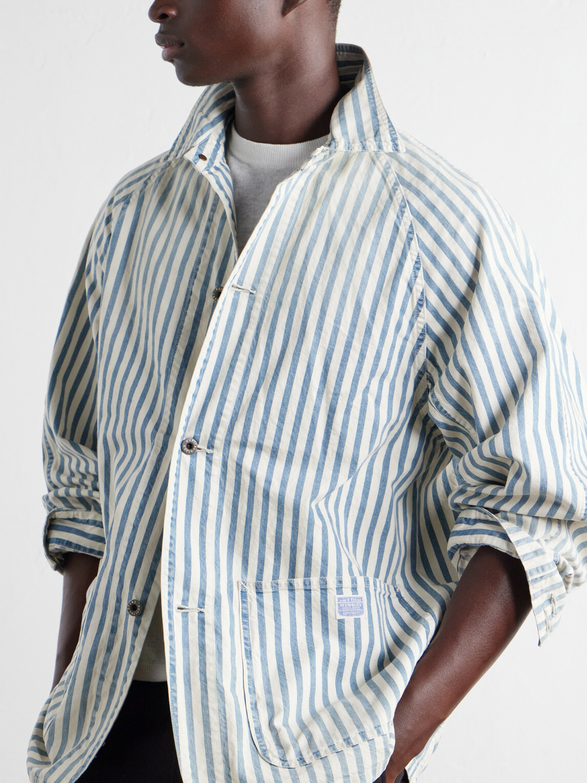 KAPITAL - Logo-Appliquéd Striped Cotton-Twill Overshirt - Blue