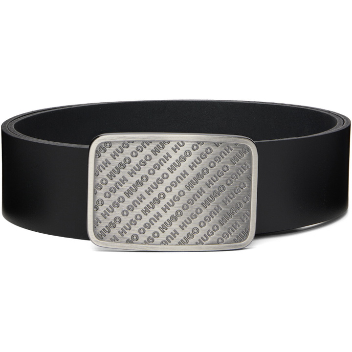 Photo: Hugo Black Leather Repeat-Logo Plaque Buckle Belt