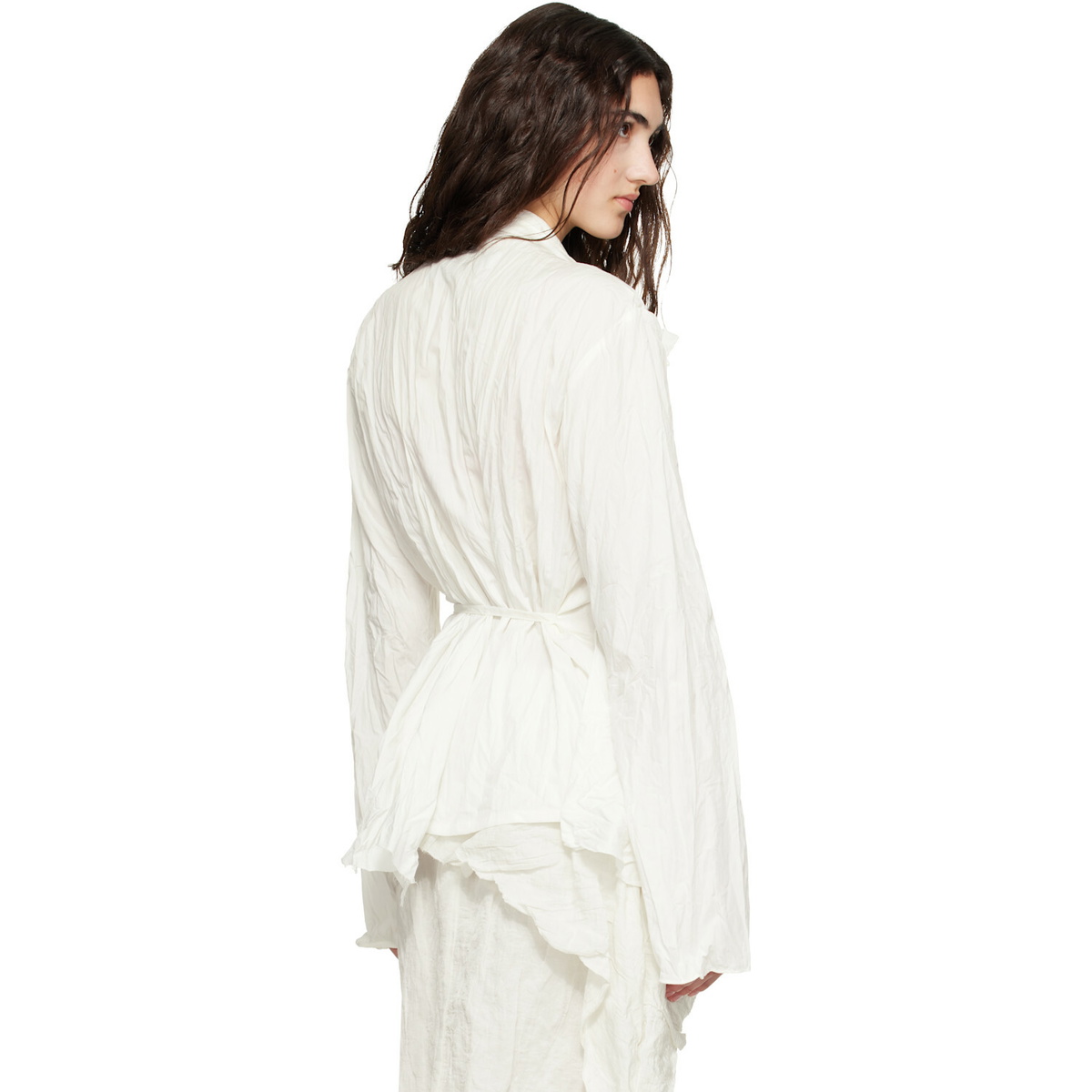 OPEN YY White Unbalanced Ruffle Blouse