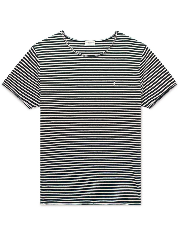 Photo: SAINT LAURENT - Slim-Fit Striped Stretch Linen and Cotton-Blend Jersey T-Shirt - Black