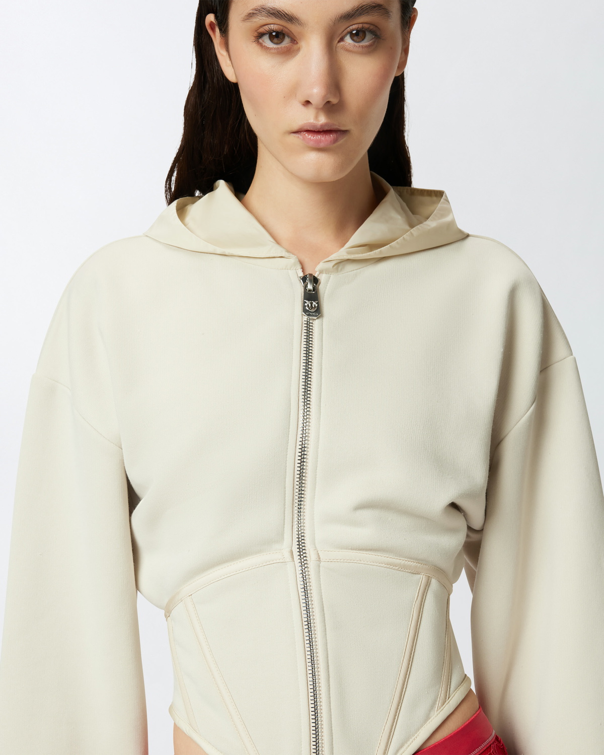 Pinko Bustier Sweatshirt With Hood And Zip Bone White Pinko