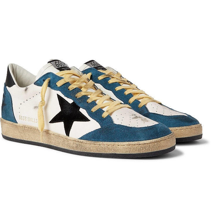 Photo: Golden Goose - Ballstar Distressed Leather and Suede Sneakers - White