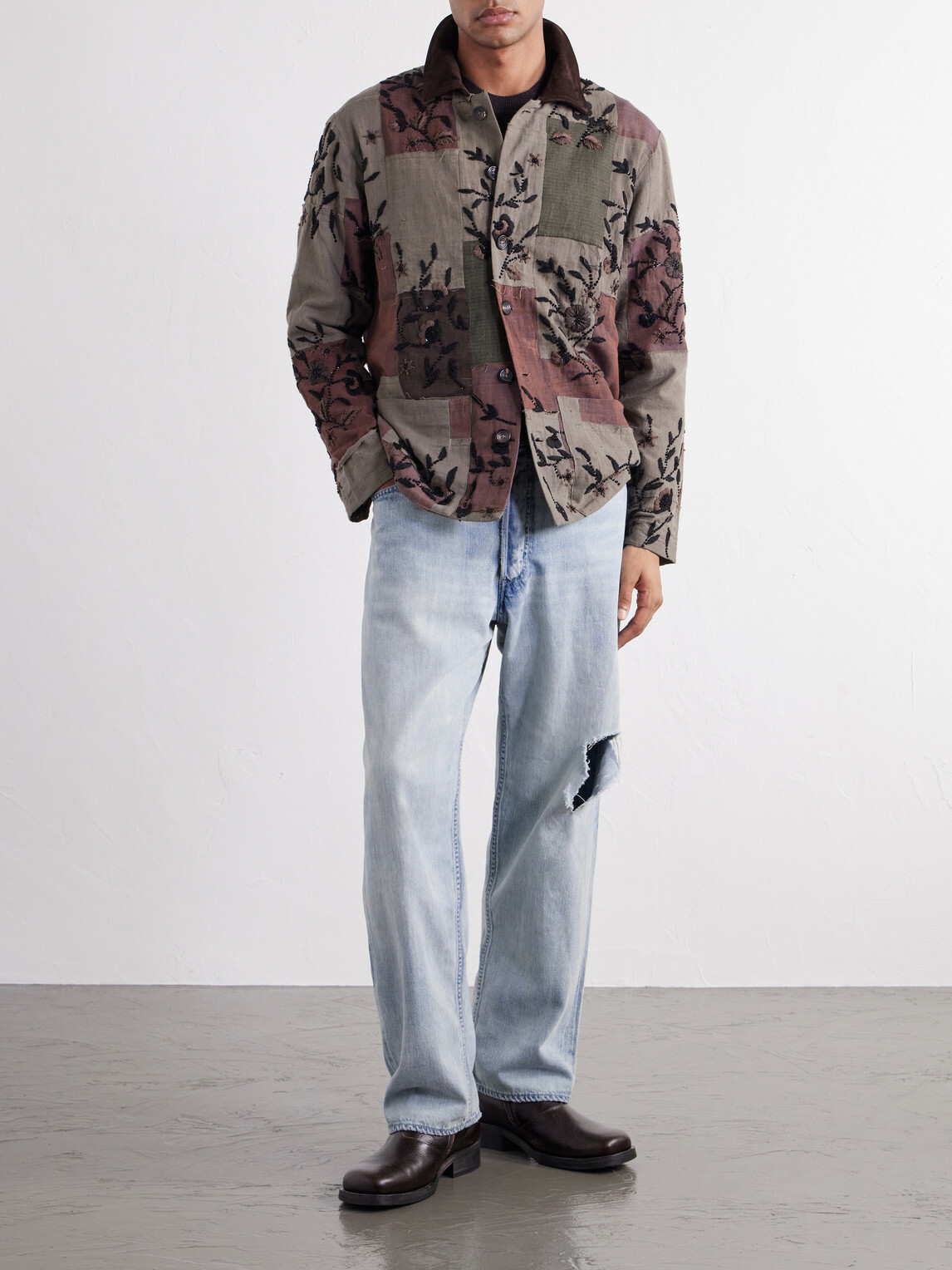 Kartik Research - Embroidered Patchwork Suede-Trimmed Cotton Chore Jacket - Green