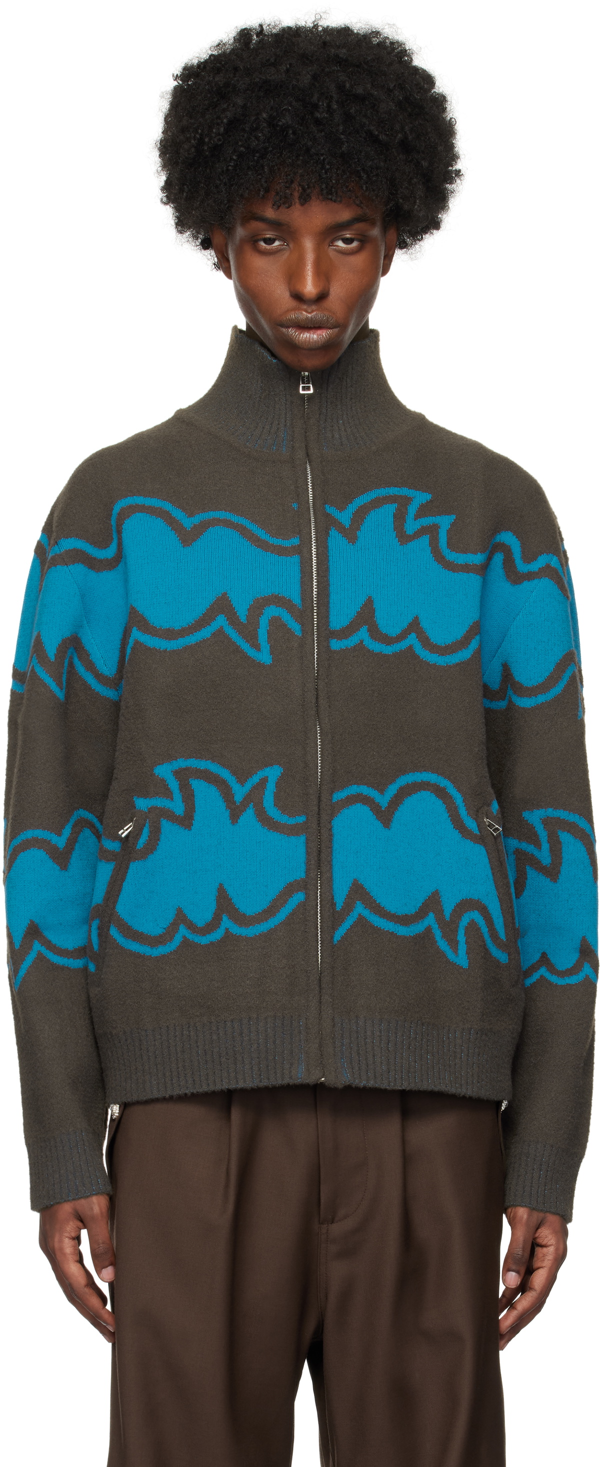 BLUEMARBLE Brown & Blue Zipped Jacquard Jacket