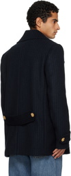 Balmain Navy Short Striped Wool Pea Coat