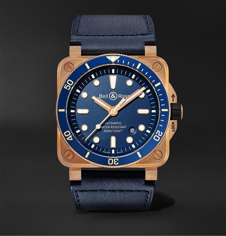 Photo: Bell & Ross - BR 03-92 Diver Limited Edition Automatic 42mm Bronze and Leather Watch, Ref. No. BR0392-D-LU-BR/SCA - Blue