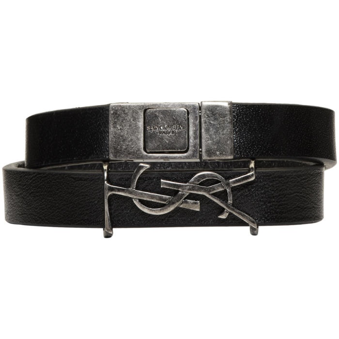 Photo: Saint Laurent Black Leather YSL Double Wrap Bracelet 