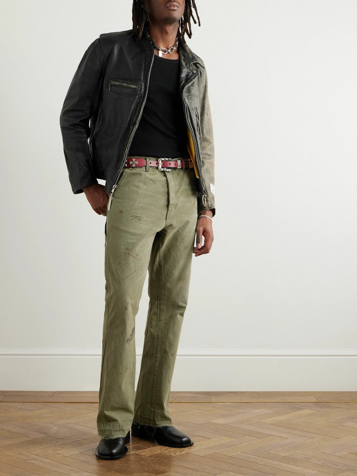 Gallery Dept. - Flared Distressed Cotton-Canvas Cargo Trousers - Green