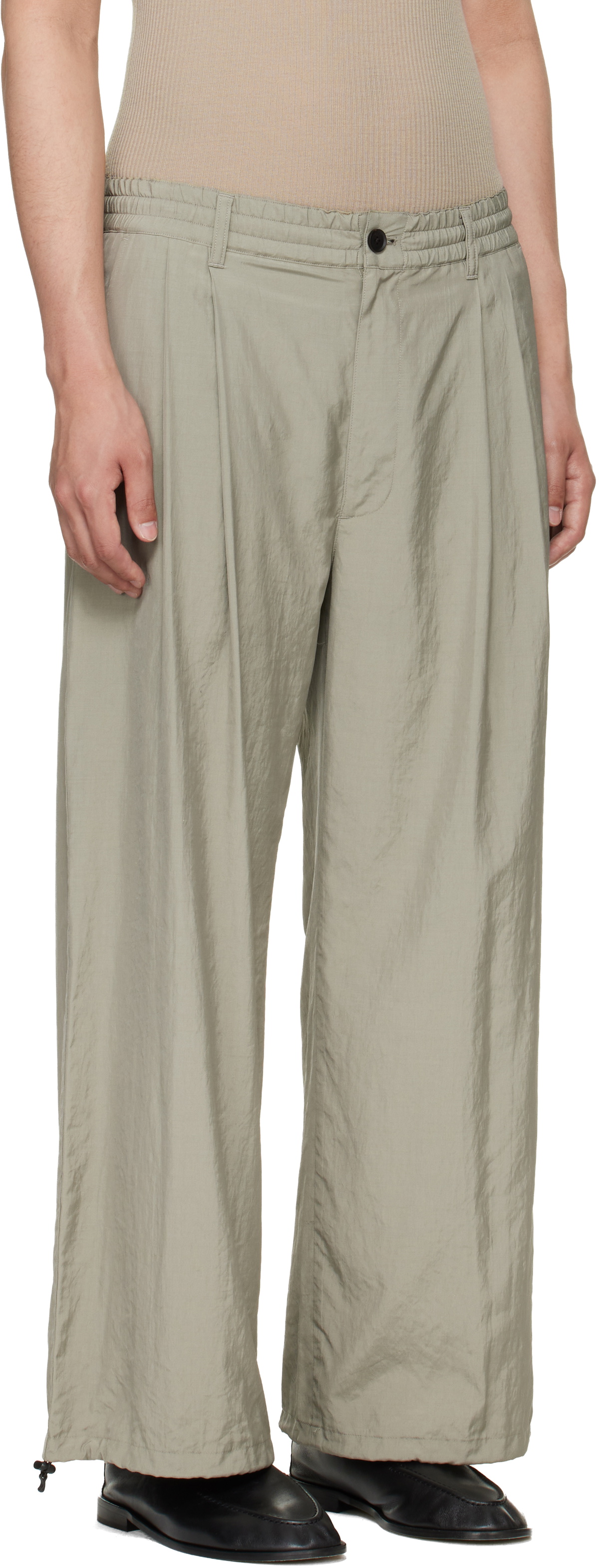 YOKE Taupe Silk Nylon 2Pleated Easy Trousers