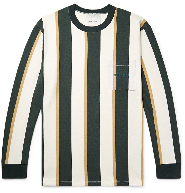 Photo: Noon Goons - Mumma Logo-Embroidered Striped Cotton-Jersey T-Shirt - Forest green