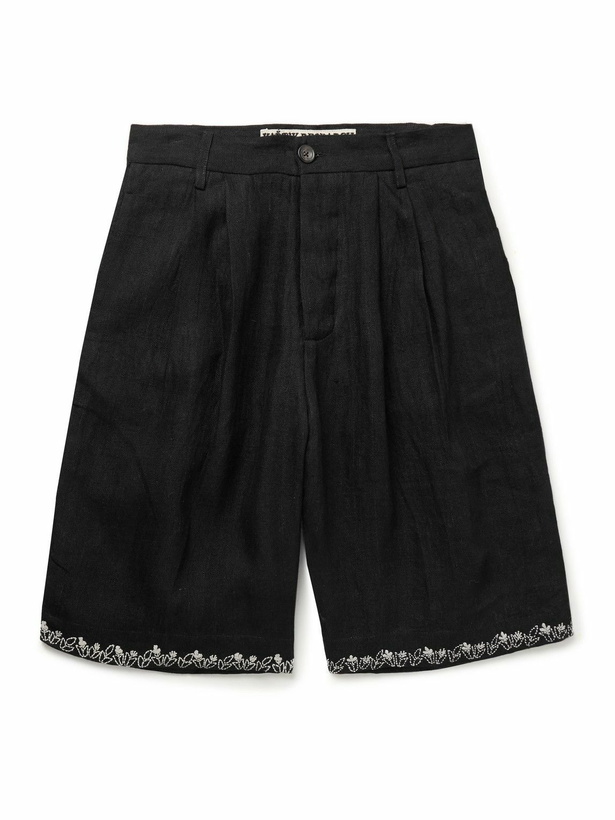 Photo: Kartik Research - Straight-Leg Pleated Embroidered Linen Shorts - Black