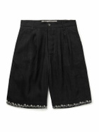 Kartik Research - Straight-Leg Pleated Embroidered Linen Shorts - Black