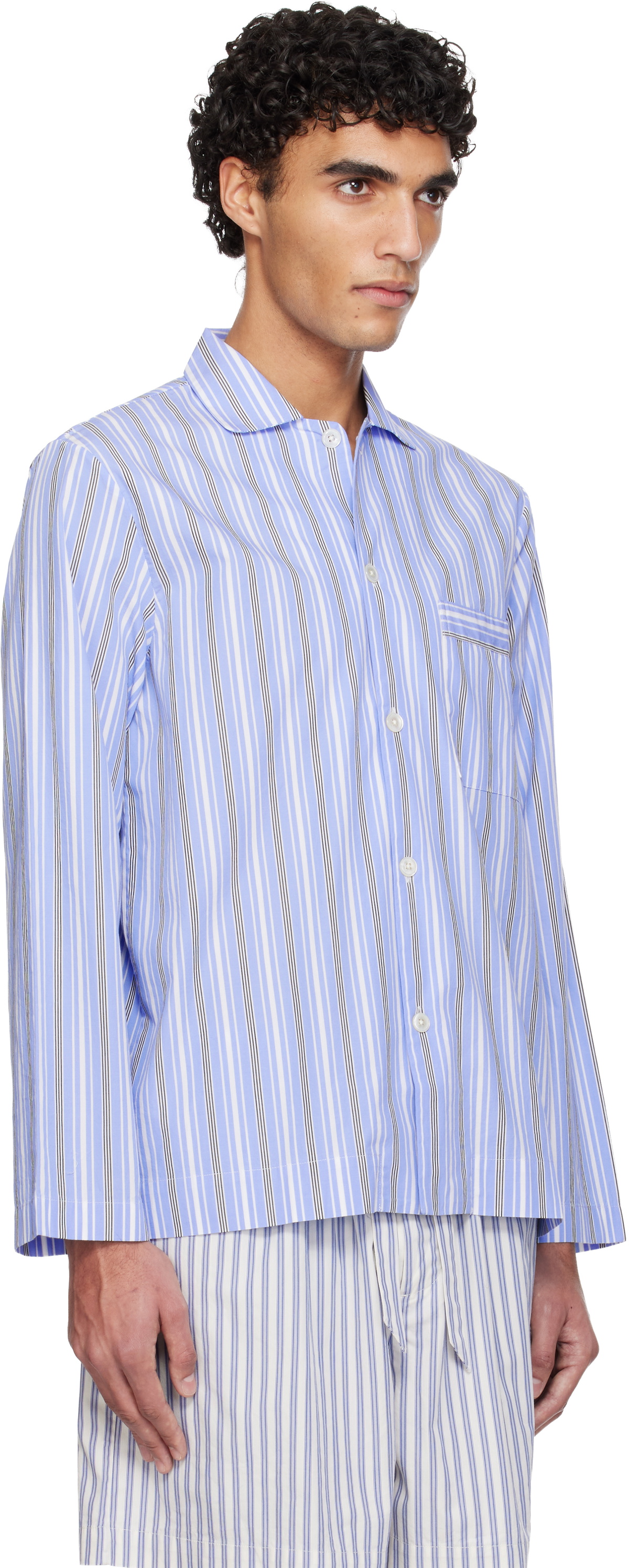 Tekla Blue Poplin Long-Sleeved Pyjama Shirt