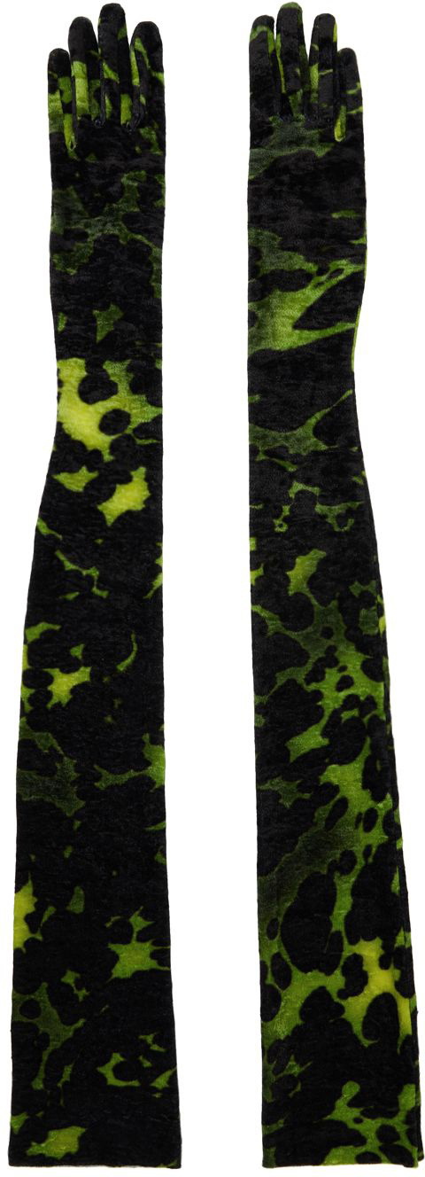 Dries Van Noten Green & Black Long Crushed Velvet Gloves
