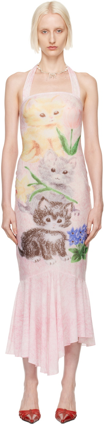 Yuhan Wang Pink Kitty Printed Halter Midi Dress Yuhan Wang